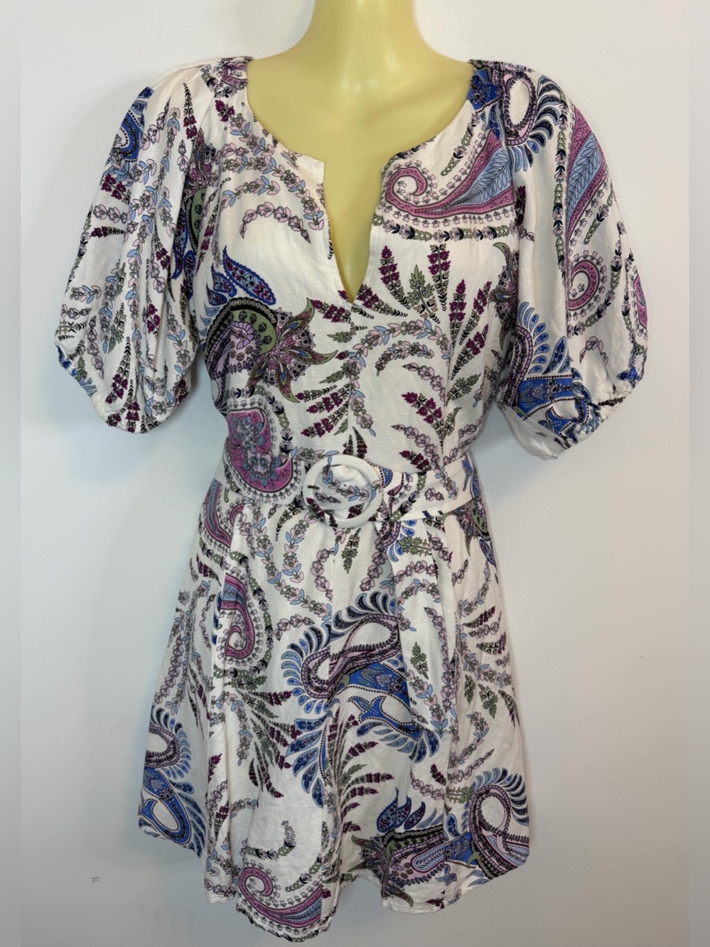 LOFT White and Purple Paisley Belted Mini Dress